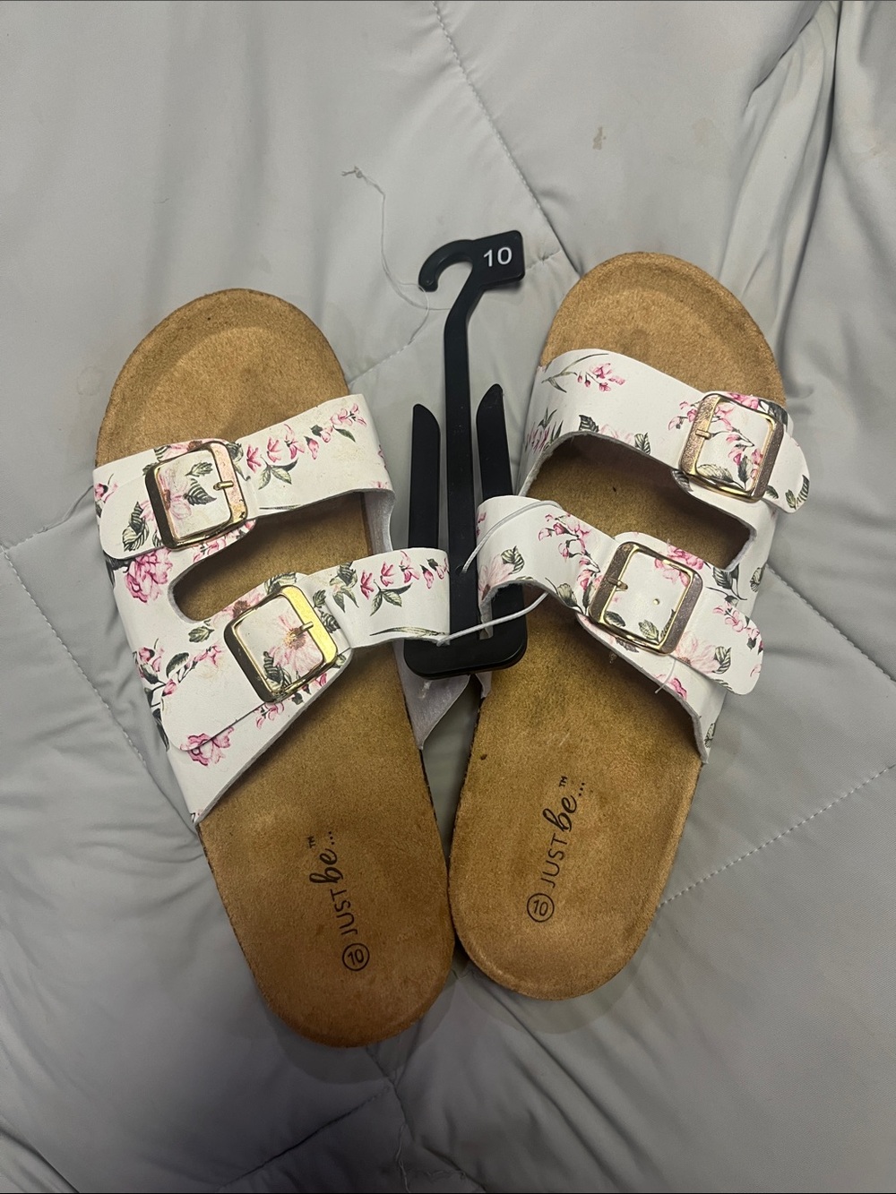 just be White Floral Double-Buckle Slide Sandals